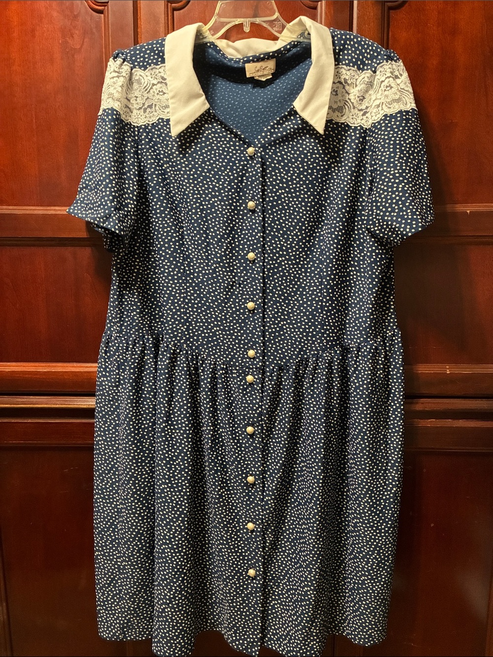 Vintage plus size Navy Polka Dot Dress with White Collar and Lace Yoke